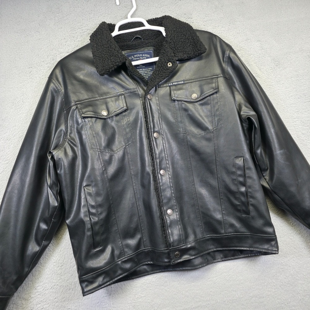 US Polo Assn Jacket Mens XL Black Faux Leather Sherpa Lined‎ Moto Biker Grunge